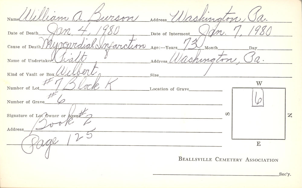 William A. Burson burial card